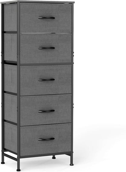 Sweetcrispy 5 Drawer Dresser with Fabric Bins, Sturdy Steel Frame and Wood Top, Storage Organizer Chest for Bedroom, Closet, Hallway, Gray