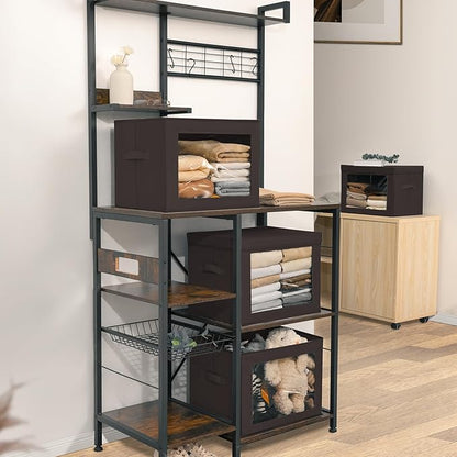 Stackable Storage Bins with Lids - Large Storage Box with Lids, Foldable Closet Boxes for Organizing, Wardrobe Clothes Organizer with Window, Cubes Bins for Living Room, 4 Pack, Brown