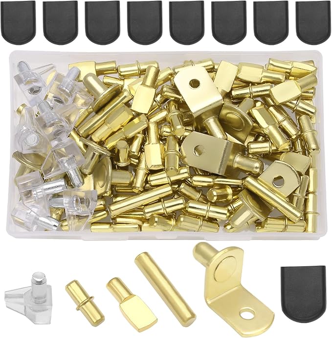 112 Pcs 5 Styles Shelf Nail kit, Metal Nickel Plated Shelf Support pin, Silicone Cover, Suitable for Kitchen Cabinet, Bookcase Support pin and pin (Gold)