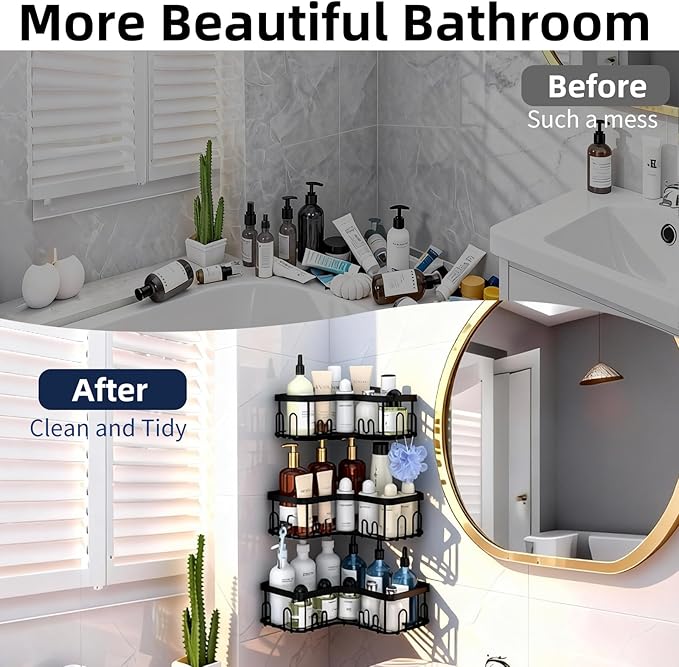 Menbyci 3 Pack Corner Shower Caddy, Adhesive Bathroom Shelves with 18 Hooks, Drill-Free & Quick-Dry Shower Organizer with Large Capacity, Rustproof Stainless Steel Bathroom Corner Storage Rack, Black