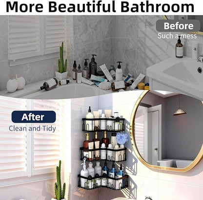 Menbyci 3 Pack Corner Shower Caddy, Adhesive Bathroom Shelves with 18 Hooks, Drill-Free & Quick-Dry Shower Organizer with Large Capacity, Rustproof Stainless Steel Bathroom Corner Storage Rack, Black