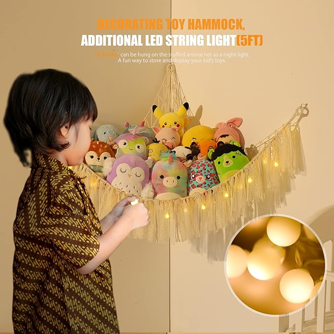 Stuffed Animal Storage Macrame Boho Plush Toy Net Hammock for Stuffed Animals with Light Pet Net for Stuffed Animals Corner Hanging Stuffed Animal Holder Teddy Bear Net for Kids Room (Shiny White)