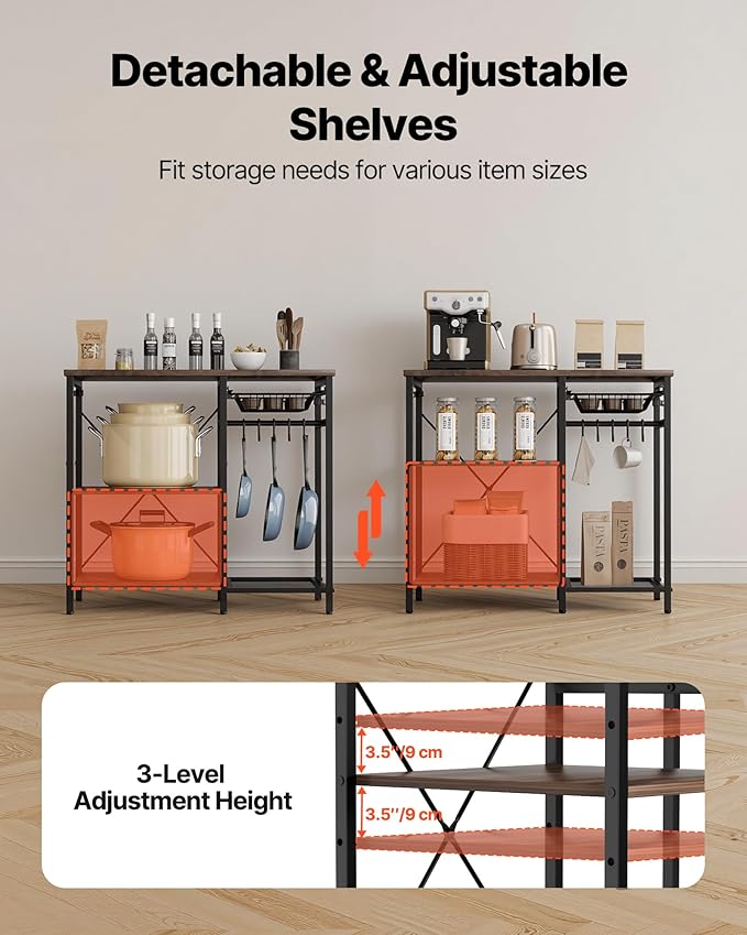 VEVOR Bakers Rack, 35.4 inch Width Microwave Stand,Kitchen Stand with X-Shaped Support Bar & 5 S-Shaped Hooks,Kitchen Storage Shelf for Dish Storage, Spice Jars, Coffee Bar Organization
