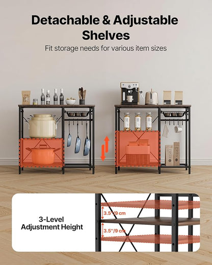 VEVOR Bakers Rack, 35.4 inch Width Microwave Stand,Kitchen Stand with X-Shaped Support Bar & 5 S-Shaped Hooks,Kitchen Storage Shelf for Dish Storage, Spice Jars, Coffee Bar Organization