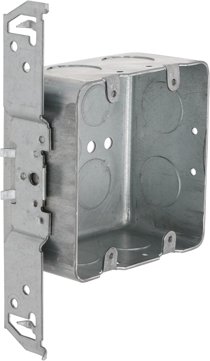 Hubbell-Raco 685 2-Device, 2-1/8-Inch Deep, 1/2-Inch and 3/4-Inch Side Knockouts, Wood/Metal Stud Bracket 4-Inch Square Switch Box, Drawn, red