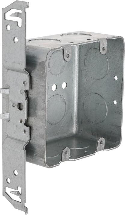 Hubbell-Raco 685 2-Device, 2-1/8-Inch Deep, 1/2-Inch and 3/4-Inch Side Knockouts, Wood/Metal Stud Bracket 4-Inch Square Switch Box, Drawn, red