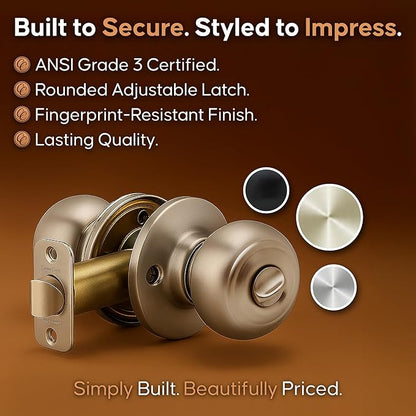 Copper Creek Colonial Privacy Interior Door Knob – ANSI Grade-3 Certified, Modern Heavy Duty Handle, Easy Install and Reversible for Bedroom, Bathroom and Closets – Polished Brass (1 Pack)