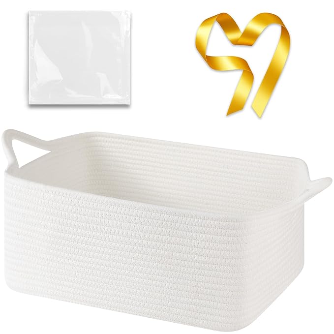 Large Empty Gift Baskets for Baby Shower, 16.5" L x 12.6" W x 7" H Cute Woven Storage Basket with Gift Bags and Ribbons, Small Rope Toy Basket with Handles, Cat Dog Pet Toy Organizer - White