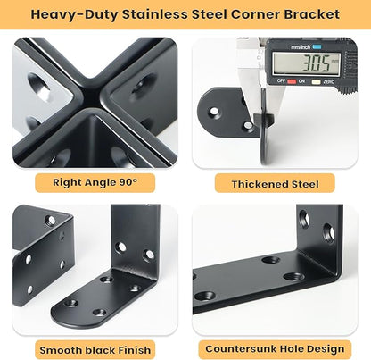 Alise 4Pcs Shelf Brackets Black, Stainless Steel Floating Shelf Brackets Corner Brackets, L Brackets for Shelves, 90 Degree Angle Bracket, Heavy Duty Shelf Brackets for Wood Furniture (3.35X3.35 in)