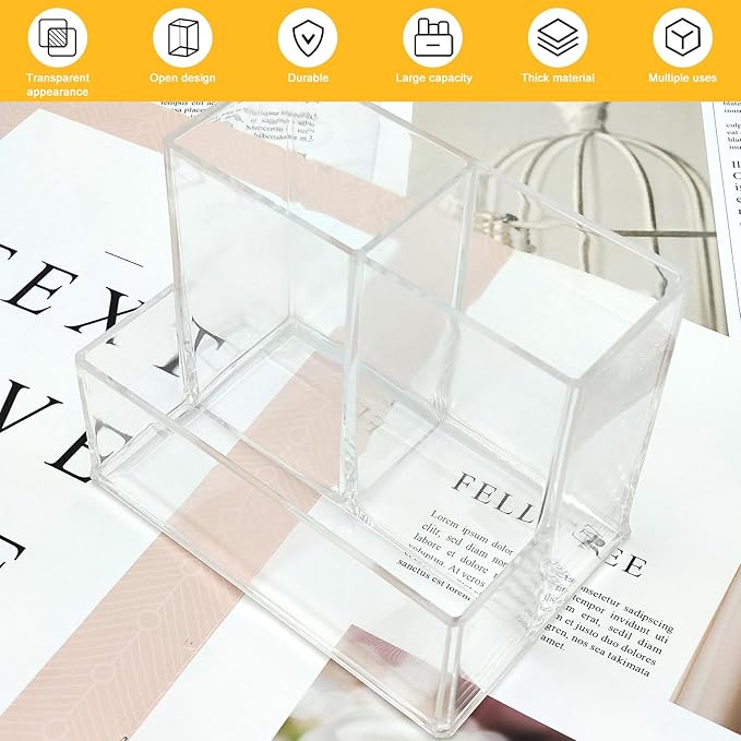 Clear Acrylic Makeup Brush Organizer,Multi-Purpose Cosmetic Brushes Storage Holder with 3 Slots,Pencil Pen Holder for Desk,Desk Organizer and Accessories for Vanity