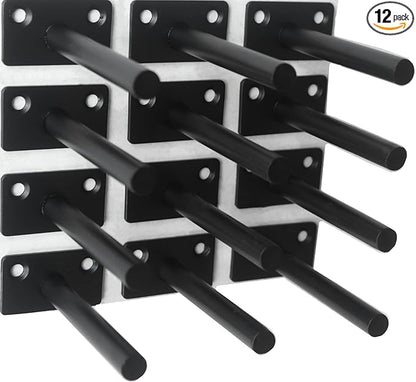 12 Pcs 4" Black Solid Steel Floating Shelf Bracket Blind Shelf Supports - Hidden Brackets for Floating Wood Shelves - Concealed Blind Shelf Support – Screws and Wall Plugs Included