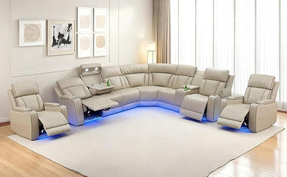 Power Recliner Sectional Sofa, Brown L-Shaped Living Room Furniture Set, Leather Sofa and 2 Chairs Reclining Sectional Couch with LED/Storage Console/Cup Holder for Living Room/House