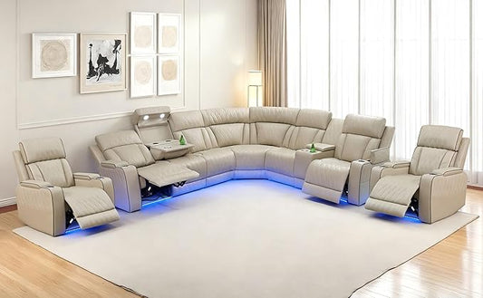 Power Recliner Sectional Sofa, Brown L-Shaped Living Room Furniture Set, Leather Sofa and 2 Chairs Reclining Sectional Couch with LED/Storage Console/Cup Holder for Living Room/House