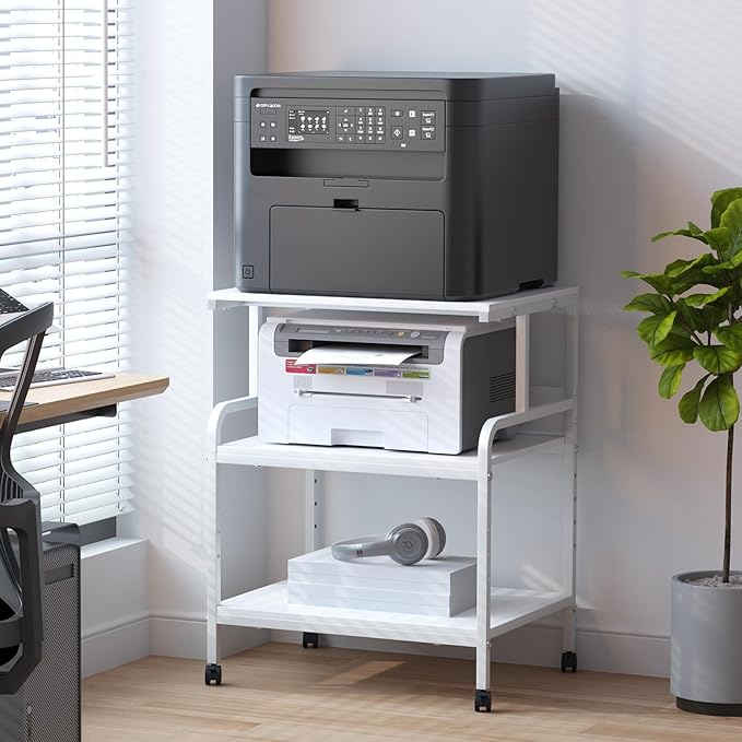 Large Printer Stand with Storage Shelf, 23.6" W x 18.9" D Printer Cart with Wheels, 3 Tier Mobile Printer Table for Home Office,Stands for Heat Press Scanner Fax (White)