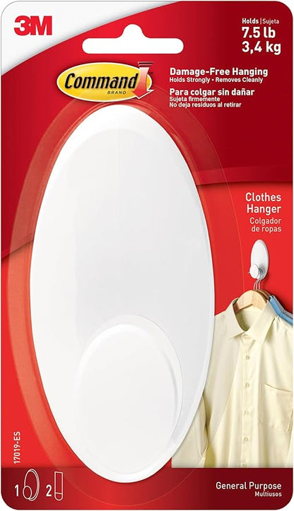 Command Clothes Hanger, Holds up to 7.5 lb, Sized for 3 Plastic Hangers or 7 Metal Hangers, 1 Wall Hook and 2 Strips, Extra Storage for Laundry Room, Bedroom and Closet