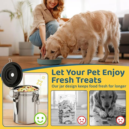 Dog Treat Container Airtight,5.9"x4.7" Stainless Steel Cat Treat Jar for Kitchen Counter with Scoop, Pet Storage for Fresh Dog Cookie