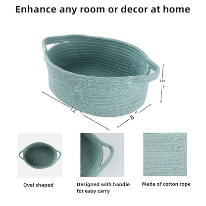 Small Woven Basket Cute Oval Cotton Rope Baby Gifts Baskets with Handle Empty Wicker Storage Baskets For Kids Cat Dog Toy Nursery Bin Easter Basket Light Green