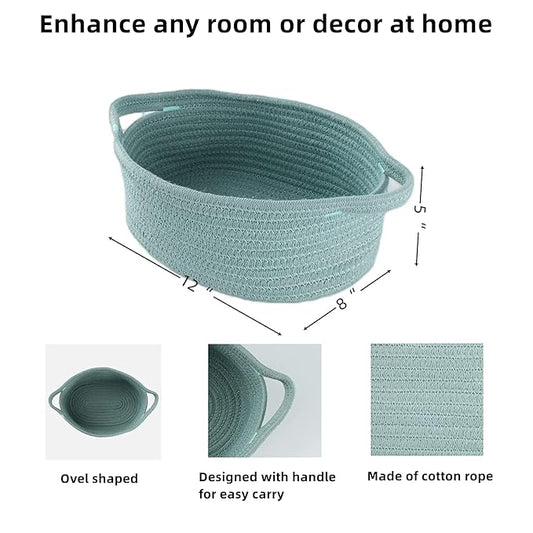 Small Woven Basket Cute Oval Cotton Rope Baby Gifts Baskets with Handle Empty Wicker Storage Baskets For Kids Cat Dog Toy Nursery Bin Easter Basket Light Green