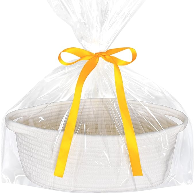 ABenkle Small Basket with Gift Bags and Ribbons, Empty Gift Baskets, Decorative Boho Rope Woven Nursery Storage Organizer Toy Baskets with Handle for Baby Showers, 12"X 8" X 5", White