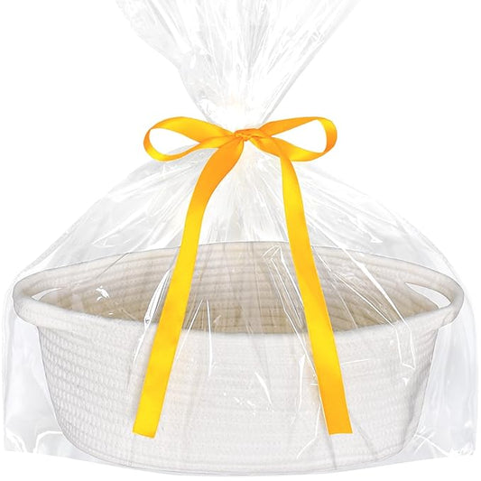 ABenkle Small Basket with Gift Bags and Ribbons, Empty Gift Baskets, Decorative Boho Rope Woven Nursery Storage Organizer Toy Baskets with Handle for Baby Showers, 12"X 8" X 5", White
