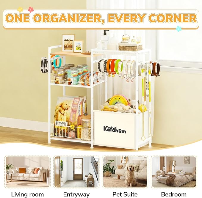 KAFAHOM Dog Toy Basket with Collar Leash Holder Hooks, Large Pet Bin, Dog Toy Box for Living Room Area, Cat Stuff Storage Organizer with Cabinet and Can Dispenser, Great Gifts for Pet Lovers