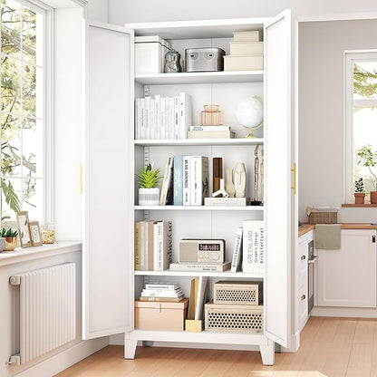 71'' Tall Metal Pantry Cabinet with 2 Doors, Freestanding Kitchen Storage Cabinet with 4 Adjustable Shelves, Steel Cupboard for Kitchen, Pantry, Dining Room, Living Room, Bathroom, White
