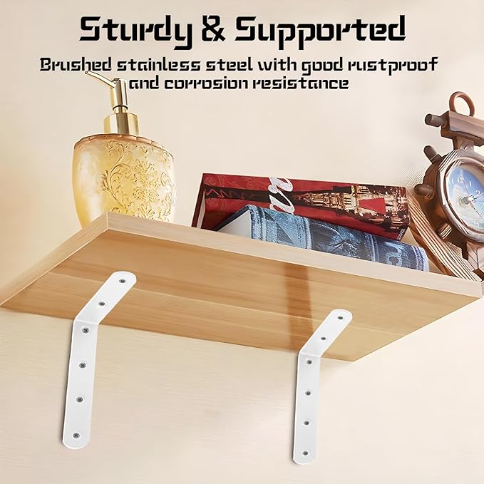 Luomorgo 4 Pcs L Shaped Brackets for Shelves, Heavy Duty Stainless Steel, Decorative Corner Brace Joint Right Angle Brackets, 5 x 3 Inch, White