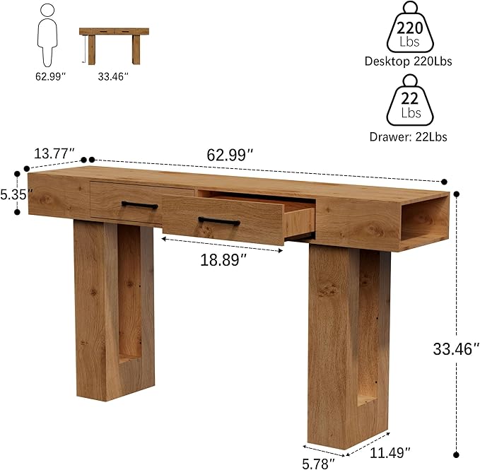 63" Console Table for Entryway, Farmhouse Sofa Tables with Drawers and Outlet, Narrow Long Accent Table for Entrance Hallway Living Room, Natural