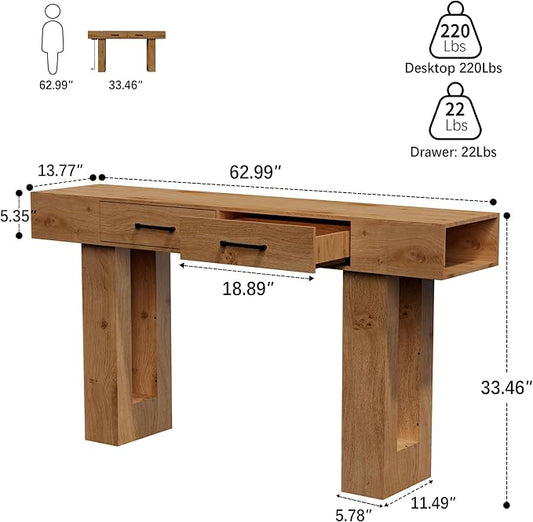 63" Console Table for Entryway, Farmhouse Sofa Tables with Drawers and Outlet, Narrow Long Accent Table for Entrance Hallway Living Room, Natural