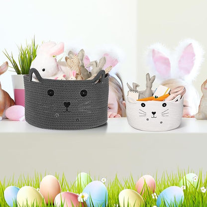 Zopeal Cat Basket Storage Woven Organizer with Ears Easter Decorative Gift Pet Toy Cute Cotton Rope Basket for Gift Cat Dog Toy Bin Nursery Room(13.7 x 7.8 Inch,Dark Grey)