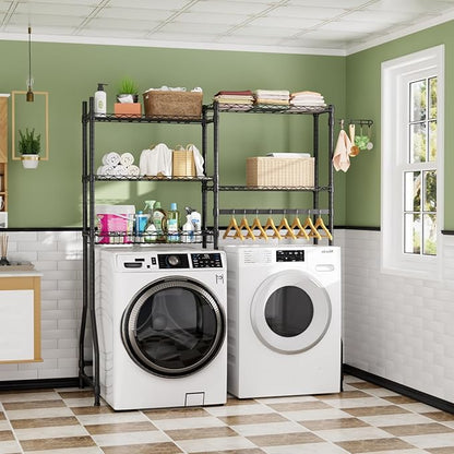 Over Washer and Dryer Shelves,Heavy Duty Laundry Room Storage Organization Clothes Drying Rack,5 Tier Adjustable Height Wire Shelving and Wire Basket with Hanger Rod&Hook,Space Saving Shelf | Heavy Duty, Clothes Drying Rack, Adjustable Height, Hanger R...