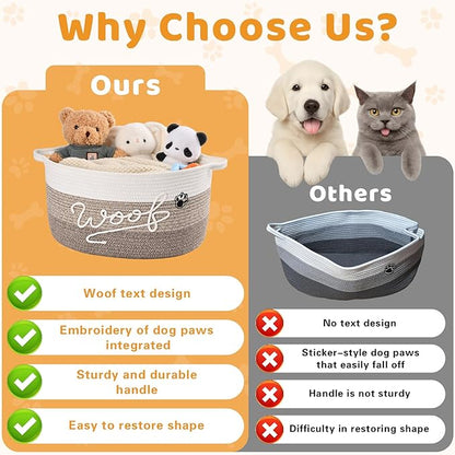 Woof Dog Toy Basket with Handles, Large Dog Toy Storage Bin with Paw Print, Woven Dog Basket for Blankets, Toys, Chews, Pet Toy Box for Nursery, Living Room, Bedroom, 17”x12”x9, Brown