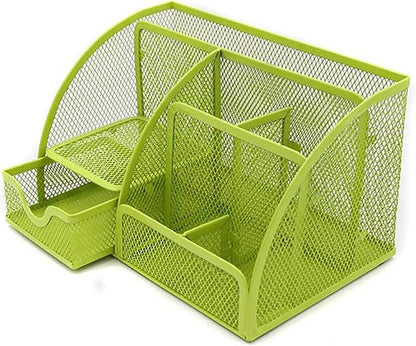 VANRA Office Supply Caddy Mesh Desk Organizer School Supply Holder 6 Compartments with Drawer (Green)