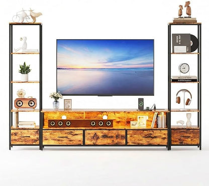 GarveeHome Entertainment Center, with 5 Fabric Drawer & 2 Bookshelf, TV Console Table with Shelf, LED & Power Outlets, for Home Office