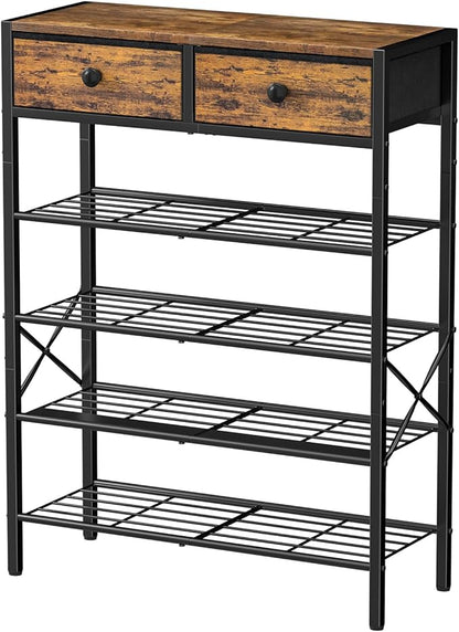 Shoe Rack for Entryway, 5 Tier Shoe Organizer with 2 Non-woven Drawers, Metal Storage Shoe Shelf for 16-20 Pairs of Shoes, with Wooden Top and Steel Frame, Shoe Stand for Closet Rustic Brown