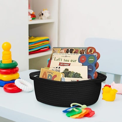 Small Woven Gift Basket, Baskets for Gifts Empty, Cotton Rope Cat Dog Toy Bin Box, Nursery Baby Organizer, Wicker Easter Basket with Handle, Shelf Storage Bin for Decor, Black, 12"x 8"x 5"