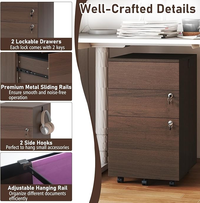 Giantex 3-Drawer File Cabinet with Lock, 27-Inches Storage Cabinet with 2 Side Hooks, Mobile Printer Stand, Wheels, 4 Keys, Vertical Filing Organizer fits Letter/A4 Size for Home Office (Brown)