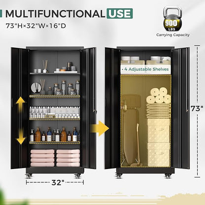 Greenvelly Metal Garage Storage Cabinet with Wheels, Black 73" Rolling Metal Cabinet with Locking Doors and Adjustable Shelves, Tool Organization with Wheels for Home,Kitchen,Office