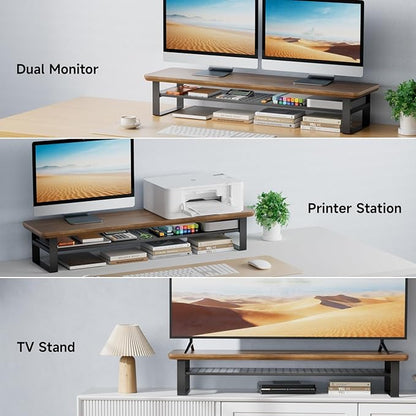 Dual Monitor Stand, 35.4 Inch Monitor Stand Riser for 2 Monitors, 2 Tiers Wood Desk Shelf with Storage, Desktop Organizer Stand for Computer, Laptop, Printer, TV (Black Walnut, 35.4in)