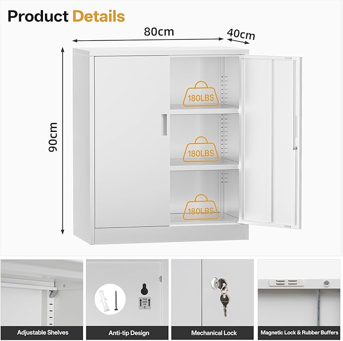 Metal Garage Storage Cabinets，36" Steel File Cabinet with 2 Adjustable Shelves, Lockable Storage Cabinets for Office, Home, Garage, Warehouse 36" H x 32" W x 16" D (White)