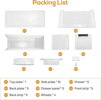 5 Drawers Slim Bathroom Storage Cabinet Dresser, Narrow Plastic Rolling Cart Organizer with Drawers, for Small Spaces, Kitchen, Laundry, Office, Bedroom, White