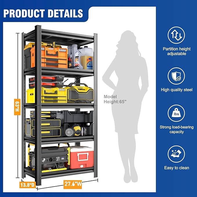 Metal Garage Shelving Unit,Heavy Duty 5-Tier Adjustable Storage Shelves,3000 lbs Capacity,Industrial Shelves for Heavy Tools and Equipment,for Garage,Basement (Black, 27.6" Wx13.8 Dx63 H)