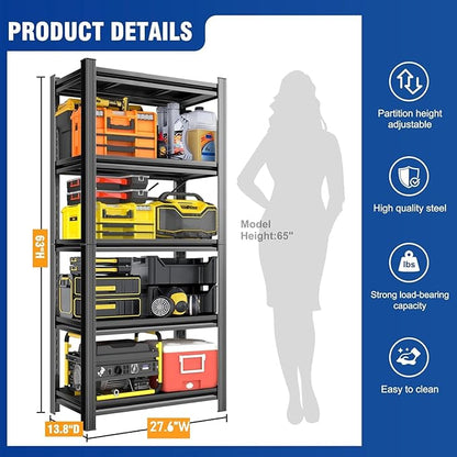 Metal Garage Shelving Unit,Heavy Duty 5-Tier Adjustable Storage Shelves,3000 lbs Capacity,Industrial Shelves for Heavy Tools and Equipment,for Garage,Basement (Black, 27.6" Wx13.8 Dx63 H)