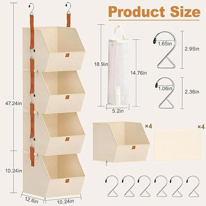 4 Tier Hanging Closet Organizer with Socks Storage Mesh Bag - Space Saving Storage Shelves for Closet, Wardrobe, Fabric Storage Bins for Dorm Rooms, Bedroom (Beige)