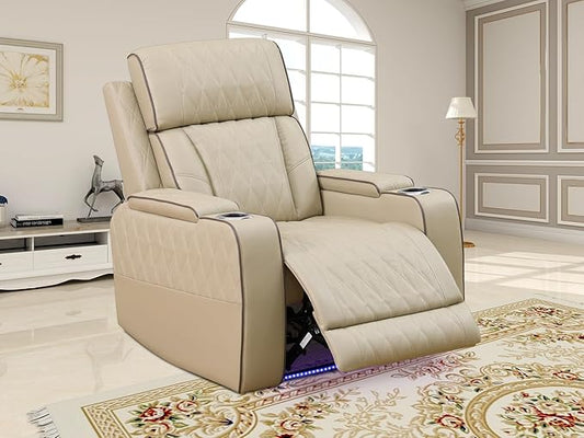 Power Recliner Chair, Breathing Leather Power Setional Reclining Sofa Set, Living Room Furniture Sets Sofa Couch for Living Room, Beige Leather Chair with LED Light/USB Port for Office, Rv Car