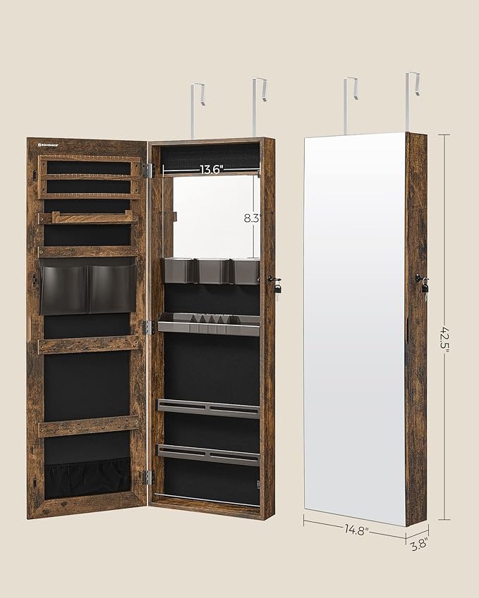 SONGMICS Jewelry Cabinet Armoire, Wall or Door Mount Storage Organizer with Full-Length Mirror, Lockable Cabinet with Built-in Small Mirror, Shelves, Gift Idea, Rustic Brown UJJC003X01