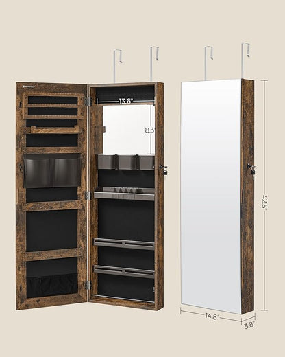 SONGMICS Jewelry Cabinet Armoire, Wall or Door Mount Storage Organizer with Full-Length Mirror, Lockable Cabinet with Built-in Small Mirror, Shelves, Gift Idea, Rustic Brown UJJC003X01