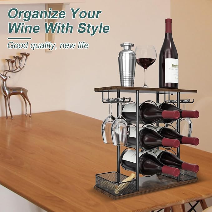 Countertop Wine Rack, 3 Tier Wood & Metal Small Wine Rack Up to Hold 6 Bottles and 4 Glasses, Wine Bottle Holder for Home Bar Tabletop Kitchen Cabinet, 6.29" D x 16.14" W x 15.82" H