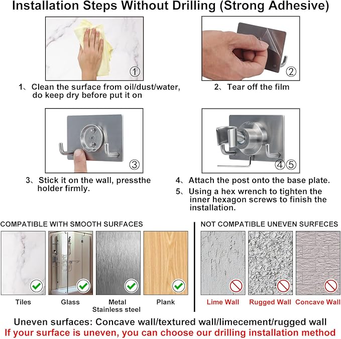 Shower Head Holder All Metal Strong Adhesive and Drilling Screws Two Installation Methods, Adjustable Handheld Shower Head Mount,Stainless Steel Hand held Showerhead Wand Bracket
