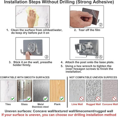 Shower Head Holder All Metal Strong Adhesive and Drilling Screws Two Installation Methods, Adjustable Handheld Shower Head Mount,Stainless Steel Hand held Showerhead Wand Bracket